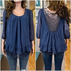 Amanti Navy Silk  & Lace Ruffle Blouse